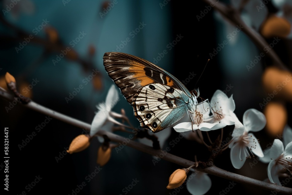 Poster a butterfly on a branch with a contrasting background generative ai