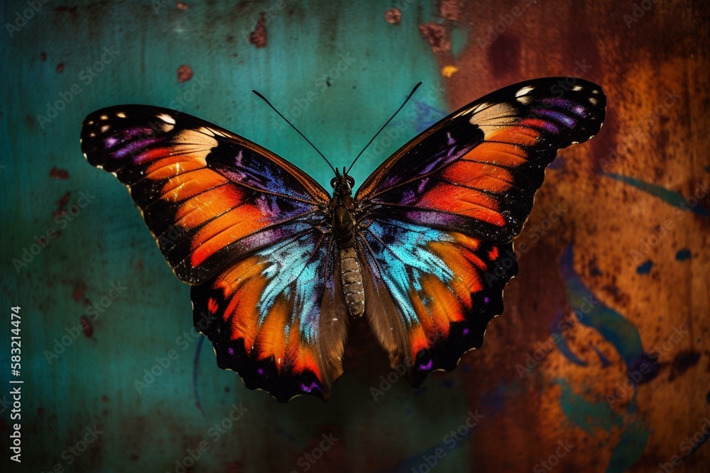 Poster a butterfly in front of a colorful background generative ai