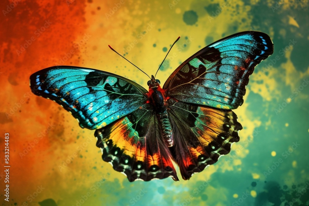 Poster a butterfly in front of a colorful background generative ai