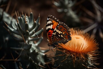 Fototapeta na wymiar A butterfly on a prickly plant Generative AI