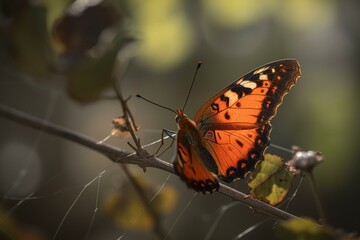 Fototapeta na wymiar A butterfly on a thorny stem Generative AI
