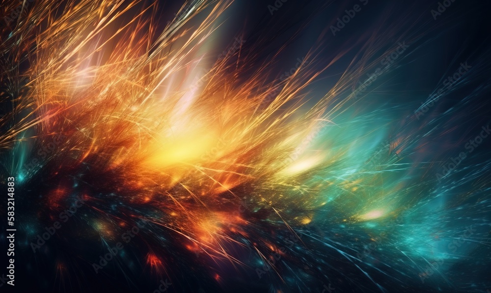 Poster a colorful fireworks is shown in the dark night sky with bright colors and sparkles on the bottom of