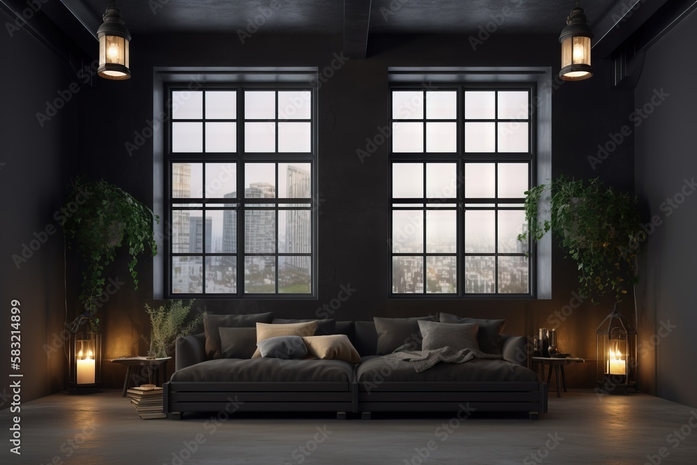 Poster a living room with two large windows and a couch in front of it with pillows on it and a plant in th