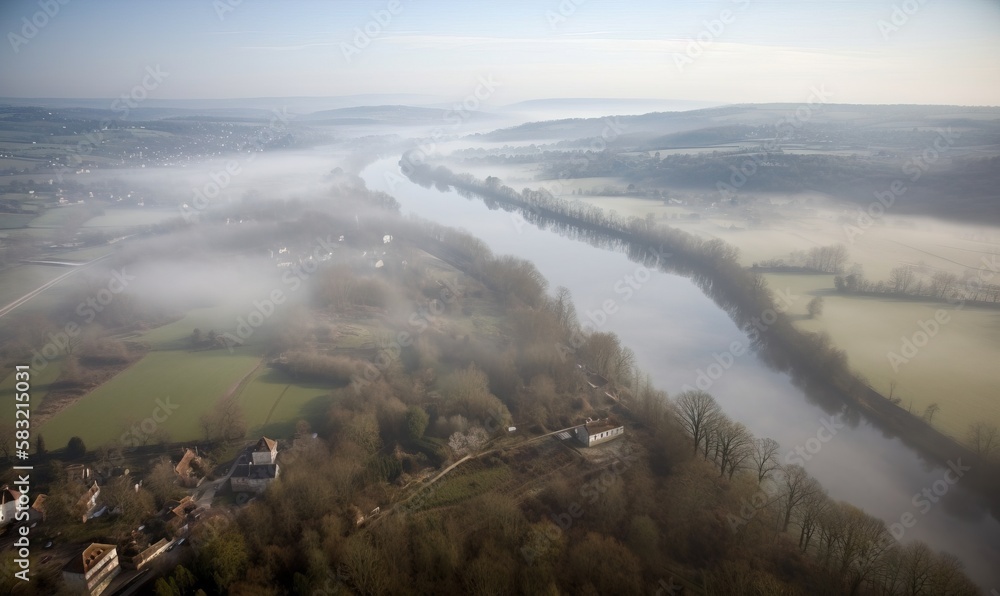 Poster an aerial view of a river surrounded by trees and fog in the distance with a town in the foreground 