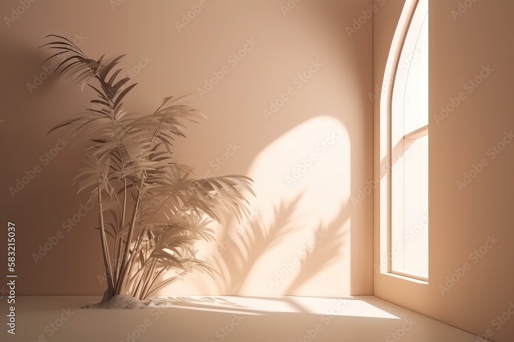 Poster a plant in a corner of a room with a light coming through the window and a shadow of a palm tree on 