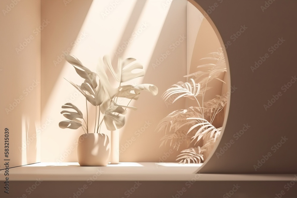 Aufkleber a vase with a plant in it sitting on a shelf next to a window with the sun shining through the windo