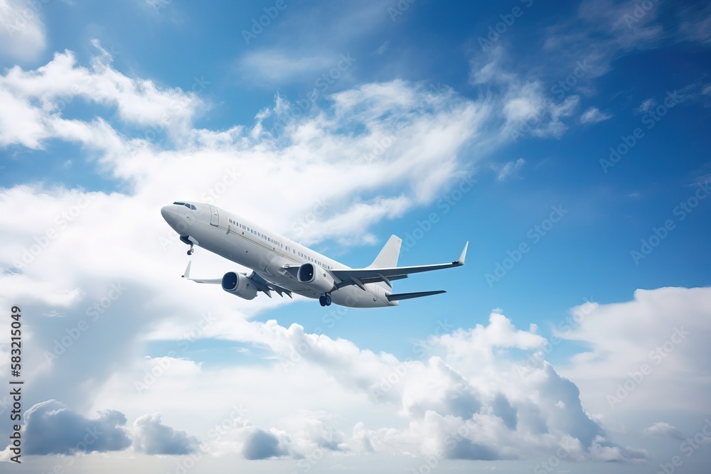 Poster a large jetliner flying through a blue cloudy sky with a propeller on it's side and landing gear on 