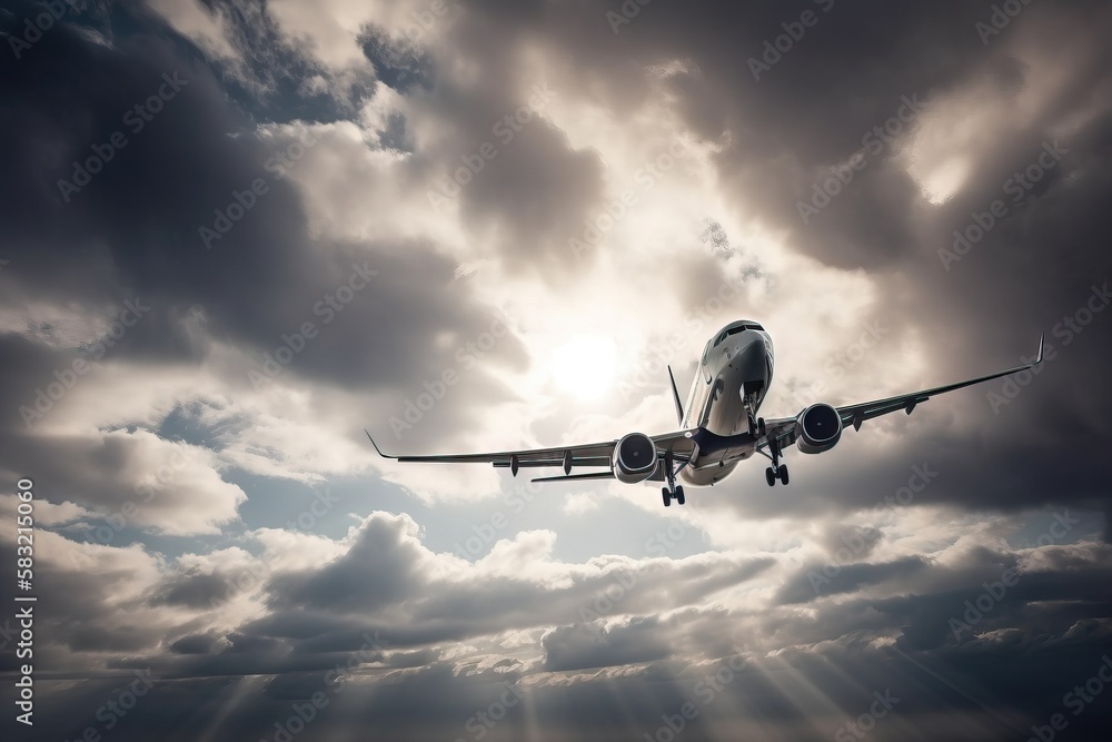 Poster an airplane is flying in the sky with a lot of clouds in the background and the sun peeking through 