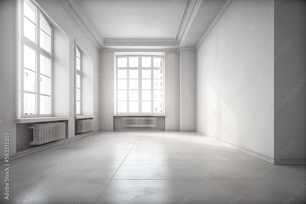 Poster an empty room with two windows and a radiator in the center of the room, with a radiator in the midd