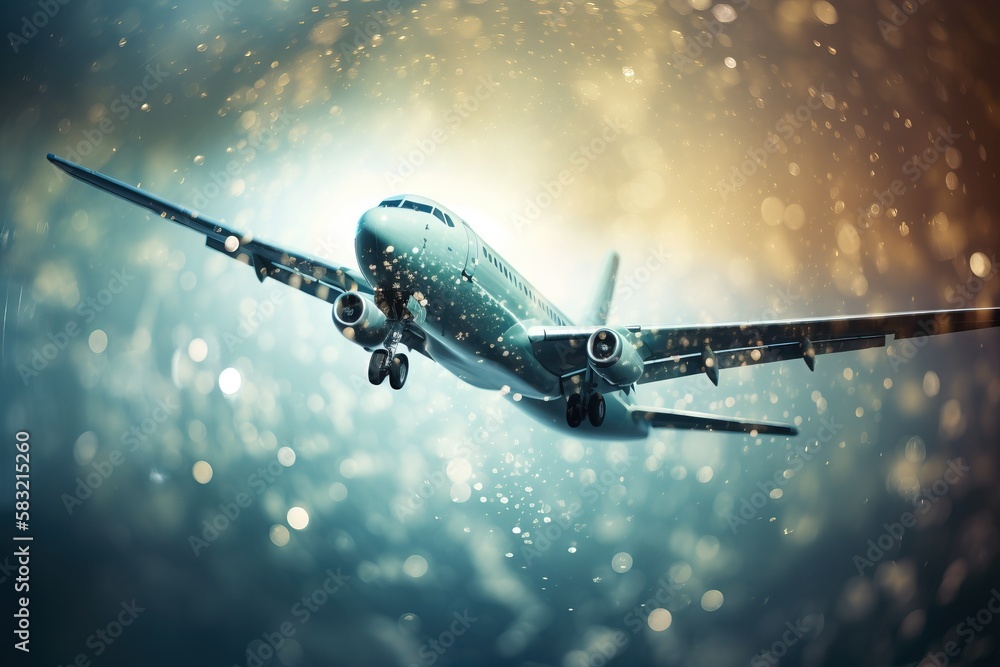 Poster an airplane flying in the sky with a lot of bubbles on it's side and the tail end of the plane in th