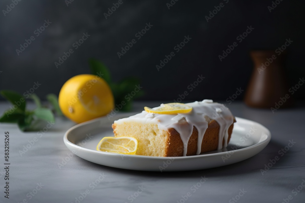 Poster a slice of lemon cake with icing on a plate with a lemon and a vase of flowers in the backgrouf of t