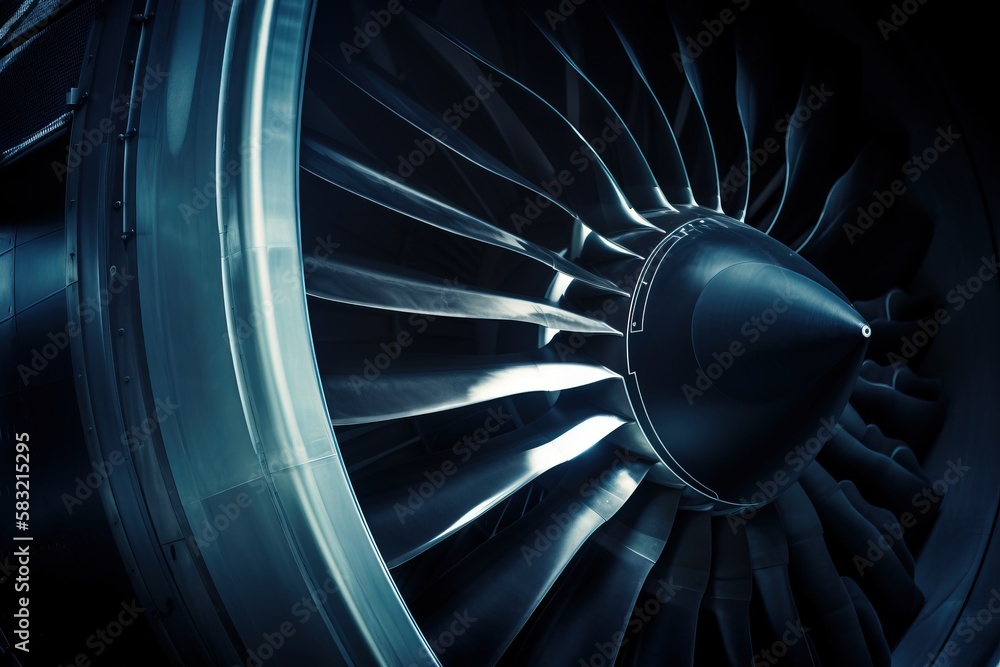 Poster a close up of a jet engine with the blades spinning in the air and the light shining on the side of 