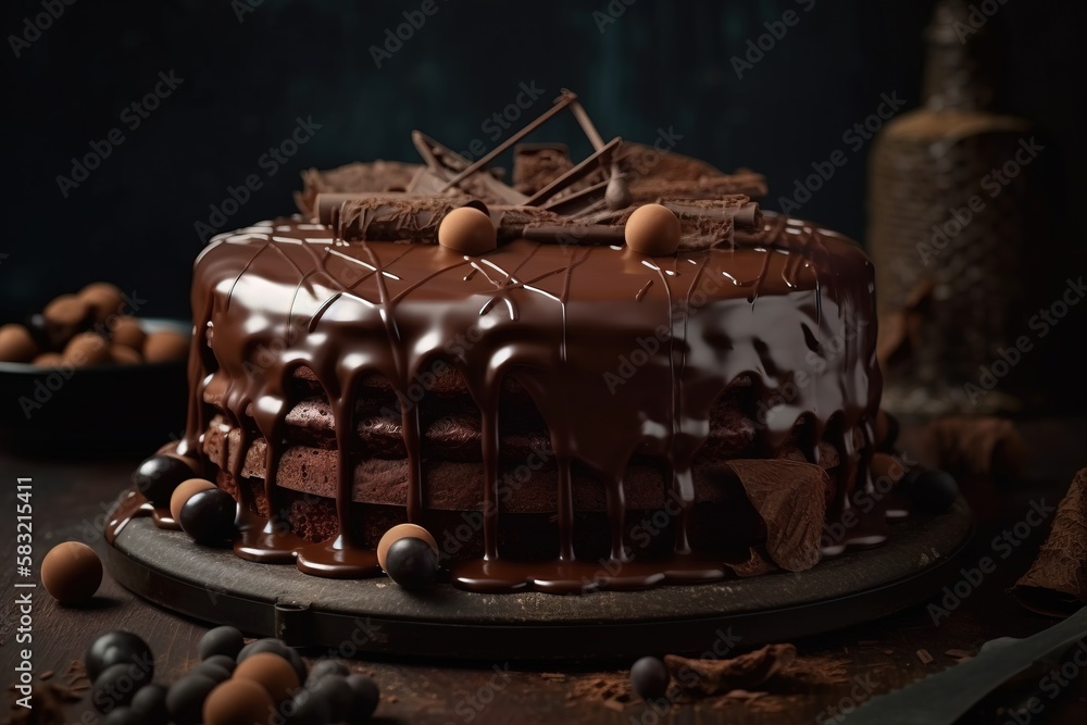 Poster a chocolate cake on a plate with chocolate balls on the table next to it and a knife on the table ne