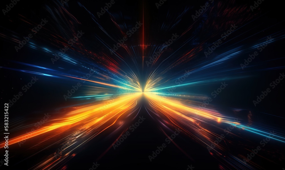 Poster an abstract image of a dark tunnel with bright lights coming out of the center of the tunnel and a b