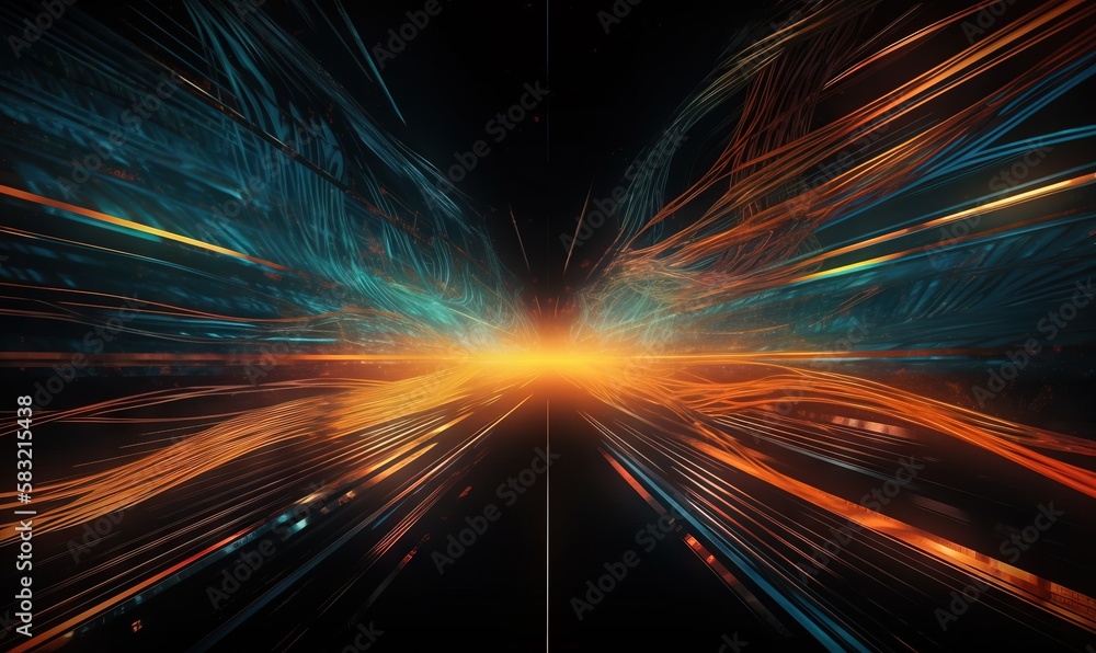 Poster an abstract image of lines and lights in a dark room with a bright light coming from the center of t