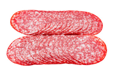 Salami sausage meat with bacon, cut into circles two row, side view, close-up isolated on white...