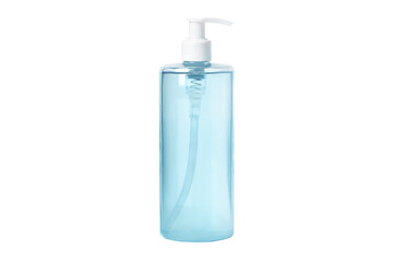 Moisturizing blue, cyan cosmetic tonic, serum, micellar water isolated on white background. Transparent cosmetic bottles. With dispenser