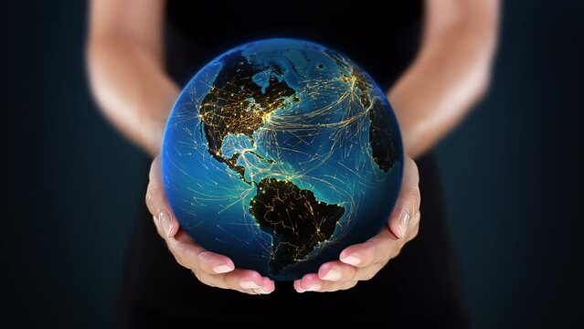 Female Hands Holding a Spinning Earth with Technological Connections. Asia, Europe and America. Telecommunication and Environmental concept. Hyperconnected World. Loopable from frame 49 to frame 497.
