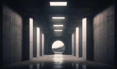  a long tunnel with a light at the end of the tunnel and a view of the road through the tunnel to the right of the tunnel.  generative ai