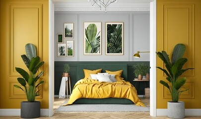  a bedroom with yellow walls and a bed with a yellow comforter and a green headboard and a chandelier hanging from the ceiling.  generative ai