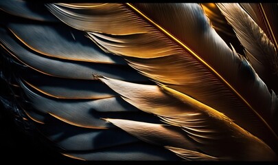  a close up of a bird's feathers with a black background and a yellow center on the wing of a bird's wing.  generative ai