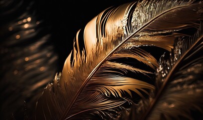  a close up of a golden feather on a black background with water droplets on the feathers of a bird of paradise, a tropical bird of paradise.  generative ai