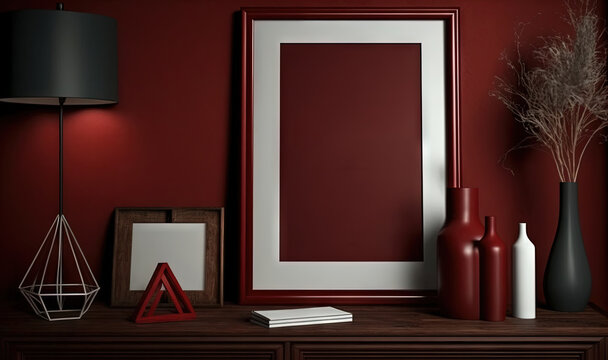  a picture of a red wall with a white frame and some vases and a lamp on a wooden table with a red wall behind it.  generative ai