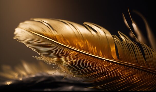 a close up of a golden feather on a black background with a blurry image of the feathers and the water droplets on the bottom of the feather.  generative ai
