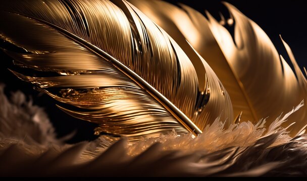  a close up of a golden feather on a black background with a blurry image of the feathers of a bird in the foreground.  generative ai