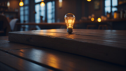 Wood table top on blurred of counter cafe shop with light bulb. Background for montage product display or design key visual.