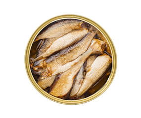 Sprats, smoked canned fish in oil, in open tin can opened without a lid, isolated on white...