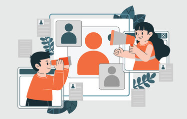 Man And Woman Annoucement, Recruitment , Job, Megaphone, Vector, Illustration