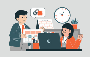 Male And Female Discuss About Business Plan And Timeline In Office, Vector, Illustration