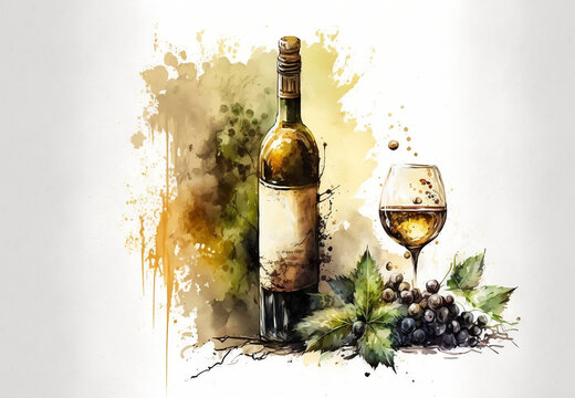 Bottle of wine and grapes. A painting of a bottle of wine and a glass of wine. Generative AI
