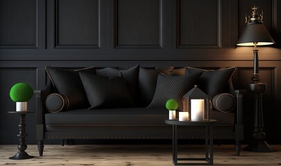  a living room with a couch, table and two candles on the table and a lamp on the side of the couch in front of the couch.  generative ai