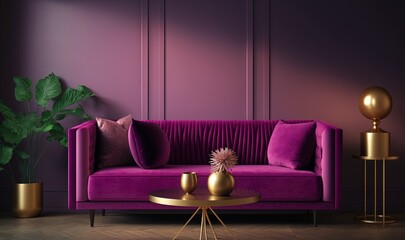  a living room with a purple couch and a gold coffee table with a plant on top of it and a purple wall in the background.  generative ai