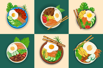 Bibimbap Unique Hand Drawing Illustrations. Delicious Spice Korean Korea Bowl Dinner Kimchi Vegetable Dish Meal Hot Healthy Restaurant Cooking Chicken Plate Oriental Bibimbap Clip Art Template Vector