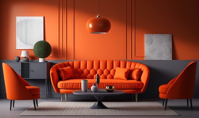  a living room with orange furniture and a white rug on the floor and a gray table with a vase on it and a lamp hanging from the ceiling.  generative ai