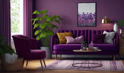  a living room with a purple couch and a purple chair and a purple rug and a potted plant in the corner of the room.  generative ai