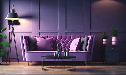  a living room with a purple couch and a black table with a lamp on top of it and a black table with a vase on it.  generative ai