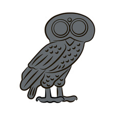 Owl of Athena. Ancient greek coin replica. Wisdom, knowledge, change, transformation, intuitive development. Isolated vector illustration. Line and fill.