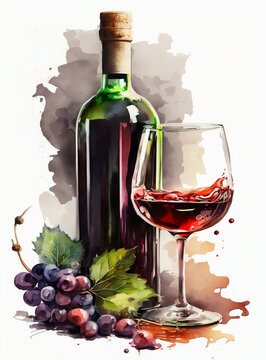 Bottle of wine and grapes. A painting of a bottle of wine and a glass of wine. Generative AI