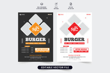 Delicious food menu discount flyer design for marketing. Restaurant advertisement poster template vector on dark backgrounds. Special food menu flyer decoration with red and yellow colors.