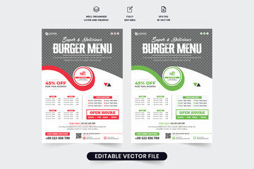 Culinary food menu promotional flyer template with red and green colors. Modern restaurant food menu advertisement template vector with photo placeholders. Restaurant flyer and poster design.