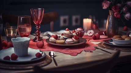 Obraz na płótnie Canvas Valentine's Day romantic dinner with cupcakes and candies.generative ai