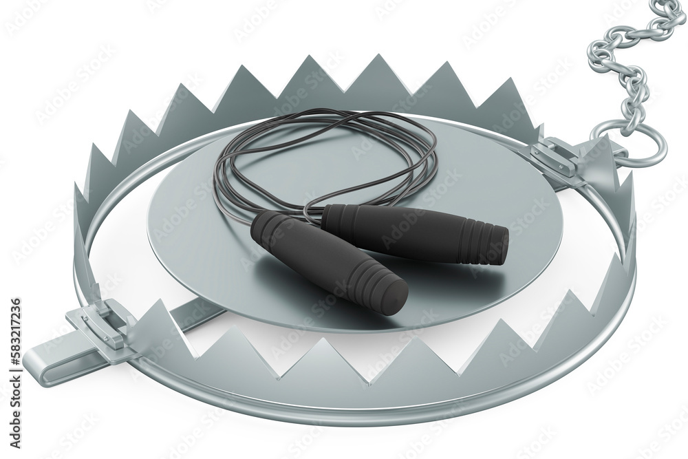 Poster skipping rope or jump rope inside bear trap. 3d rendering