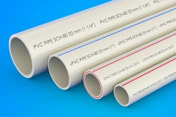 PVC pipes, composite pipe, uPVC pipe, cPVC pipe on blue background, 3D rendering