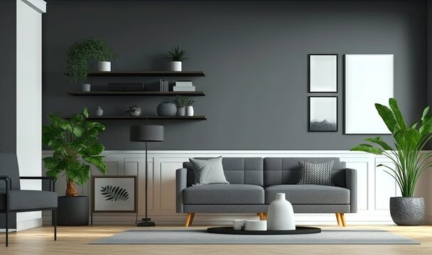  a living room with a couch, chair, and potted plant on the floor in front of a gray wall and shelves with pictures on the wall.  generative ai