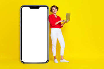 Full length portrait of attractive cheerful person hold use wireless netbook isolated on yellow...