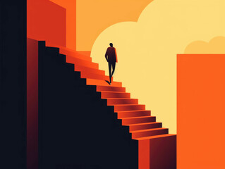 A solitary figure on a journey climbing the stairs of success. AI generation.
